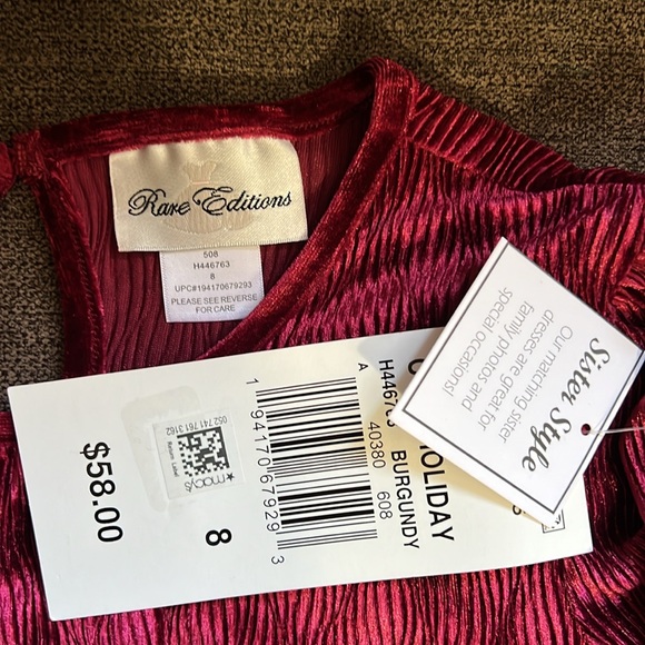 New Rare Editions Long Sleeve Textured Velvet Tiered Dress Size 8 Color Burgundy - Picture 10 of 14